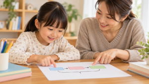 文章の言葉と関係を親子で確かめるイメージ